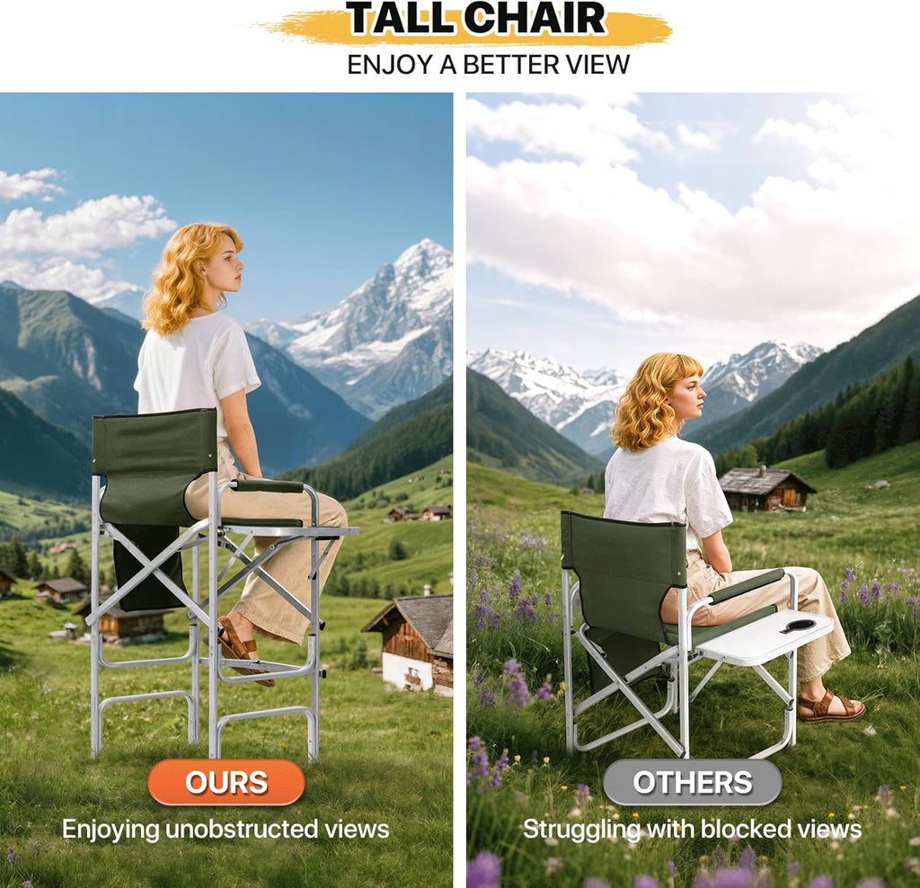 MoNiBloom 44.5'' Tall Makeup Artist Director Chair, Foldable Portable Aluminum Frame Folding Chair with Side Table, Cup Holder and Storage Pockets, 250 lbs Capacity, Dark Green
