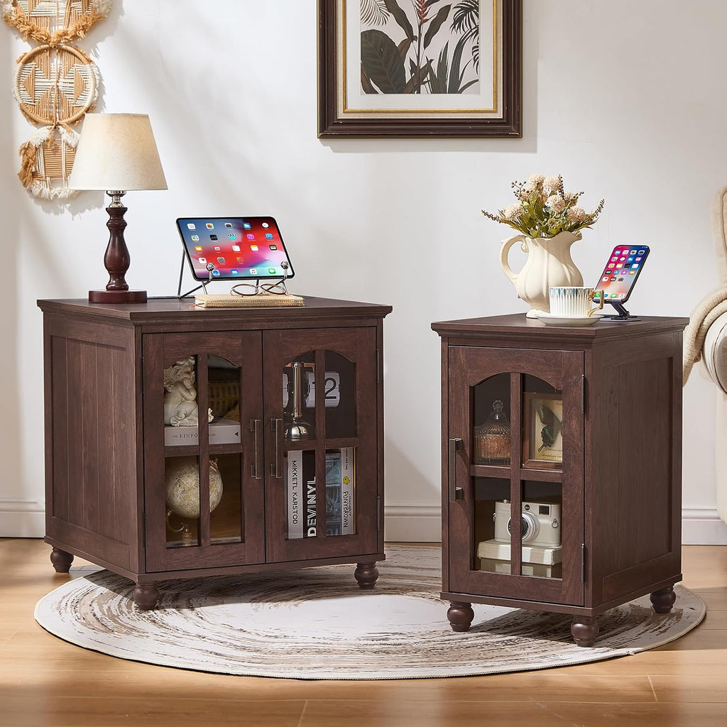 RWYHG End Table Set 2 with Charger, 18'' Nightstand and 24" Side Tables | Glass Barn Door Storage, Solid Wood Legs Farmhouse Style Bedside Table for Living Room,Bedroom Consistent style