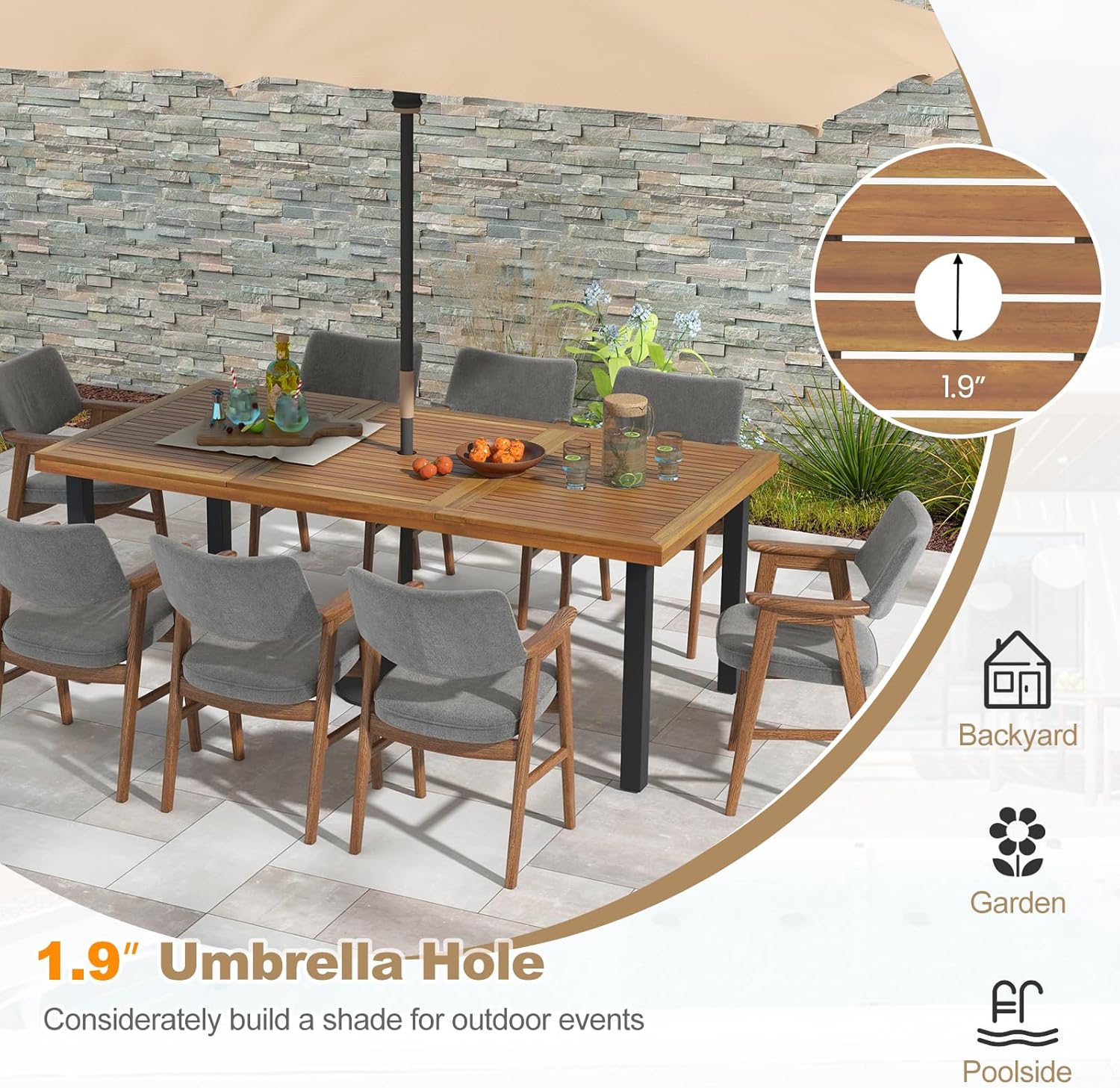Tangkula 79" Acacia Wood Patio Dining Table for 8, Large 8-Person Outdoor Dining Table with 1.9" Umbrella Hole, Metal Legs & Adjustable Foot Pads, Rectangular Outside Table for Garden, Poolside & Yard