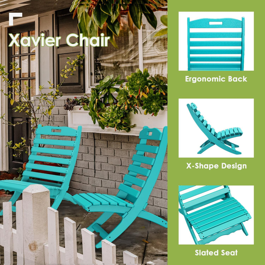 GREENVINES Folding-Xavier-Chairs Set of 2 | Wave | Portable Adirondack-Chair | HDPE Plastic | All Weather Fire-Pit Chair | Aqua | for Beach Outdoor Deck Poolside Garden Patio Porch Fishing