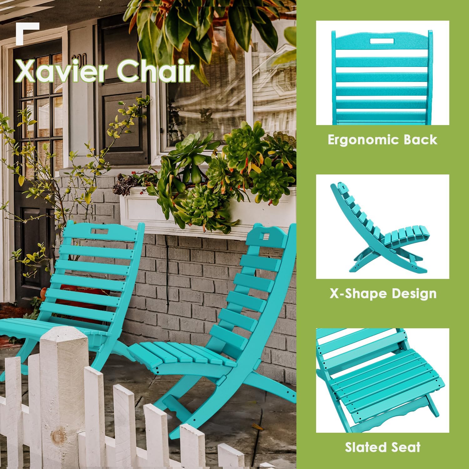 GREENVINES Folding-Xavier-Chairs Set of 2 | Wave | Portable Adirondack-Chair | HDPE Plastic | All Weather Fire-Pit Chair | Aqua | for Beach Outdoor Deck Poolside Garden Patio Porch Fishing