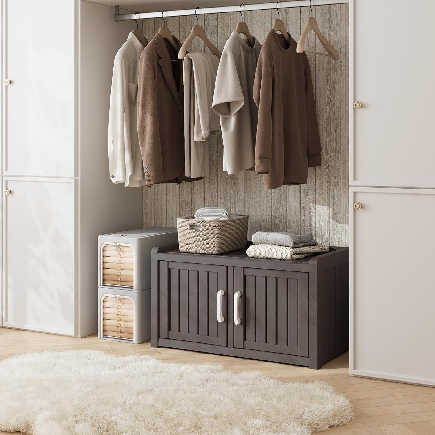 Outdoor Shoe Bench, Waterproof UV-Resistant Indoor Resin Shoe Cabinet, Entryway Shoe Storage with 2 Doors, Living Room, Bedroom, Gray (Two-Door)