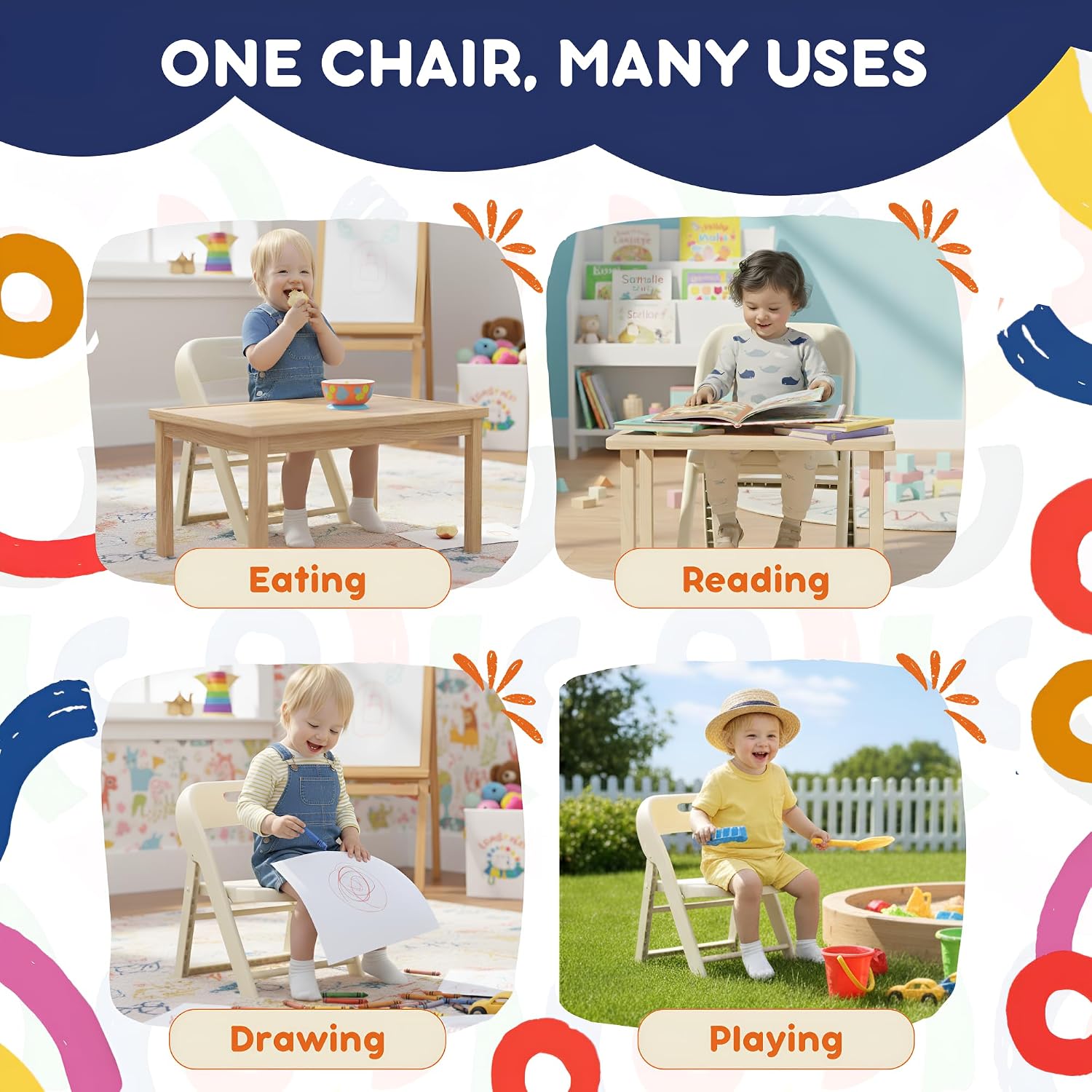 Giggle & Play 2 Pack of Kids Folding Chair with Backrest - Lightweight, Portable Toddler Chair for Indoor, Outdoor, Playroom & Classroom (Beige)