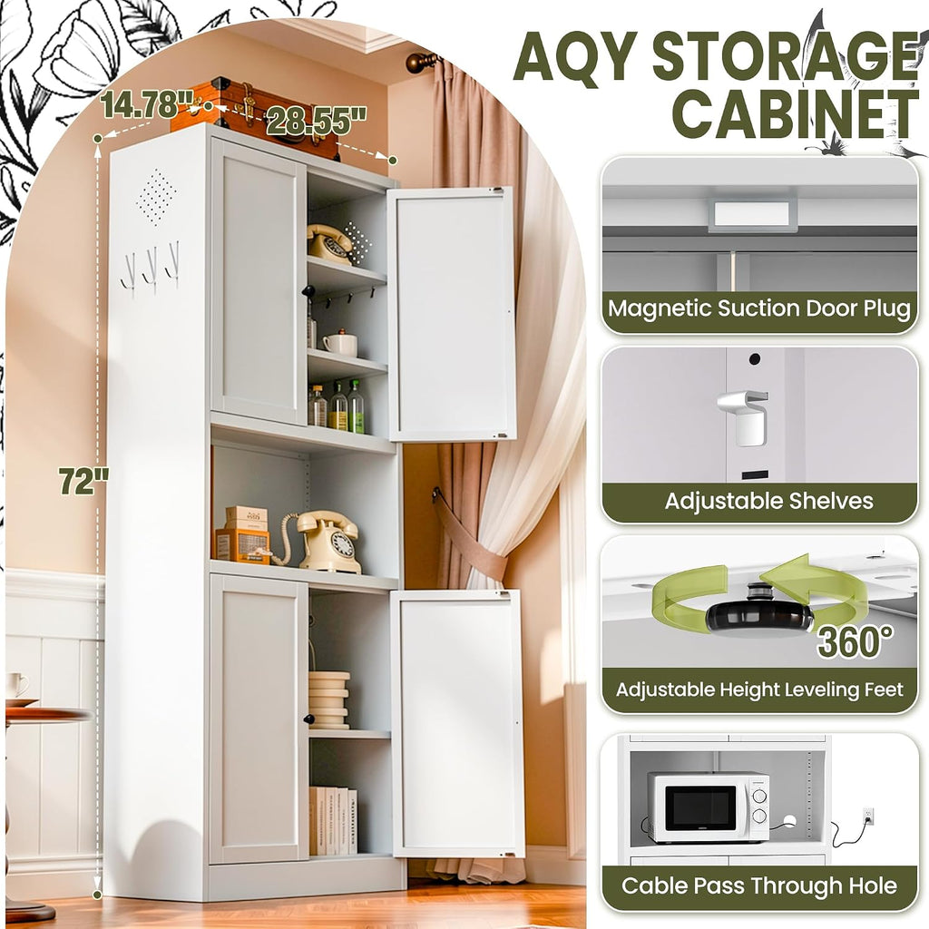 AQY Kitchen Pantry Cabinet,72" White Pantry Cabinet 3-Tier Adjustable Shelves 4 Doors, Freestanding Cupboard with Microwave Stand, Metal Cabinet with Handle for Living Room Kitchen Assembly Required