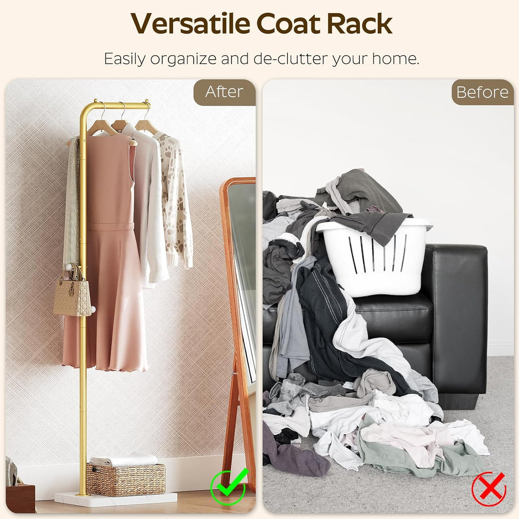 YATINEY L Shaped Glod Coat Rack, Metal Coat Tree, Modern Clothes Rack with 3 Hooks and Thickened Base, Floor Standing Coat Hanger Stand, for Entryway, Living Room, Cloakroom, Gold and White YM01DWY1