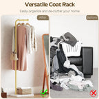 YATINEY L Shaped Glod Coat Rack, Metal Coat Tree, Modern Clothes Rack with 3 Hooks and Thickened Base, Floor Standing Coat Hanger Stand, for Entryway, Living Room, Cloakroom, Gold and White YM01DWY1