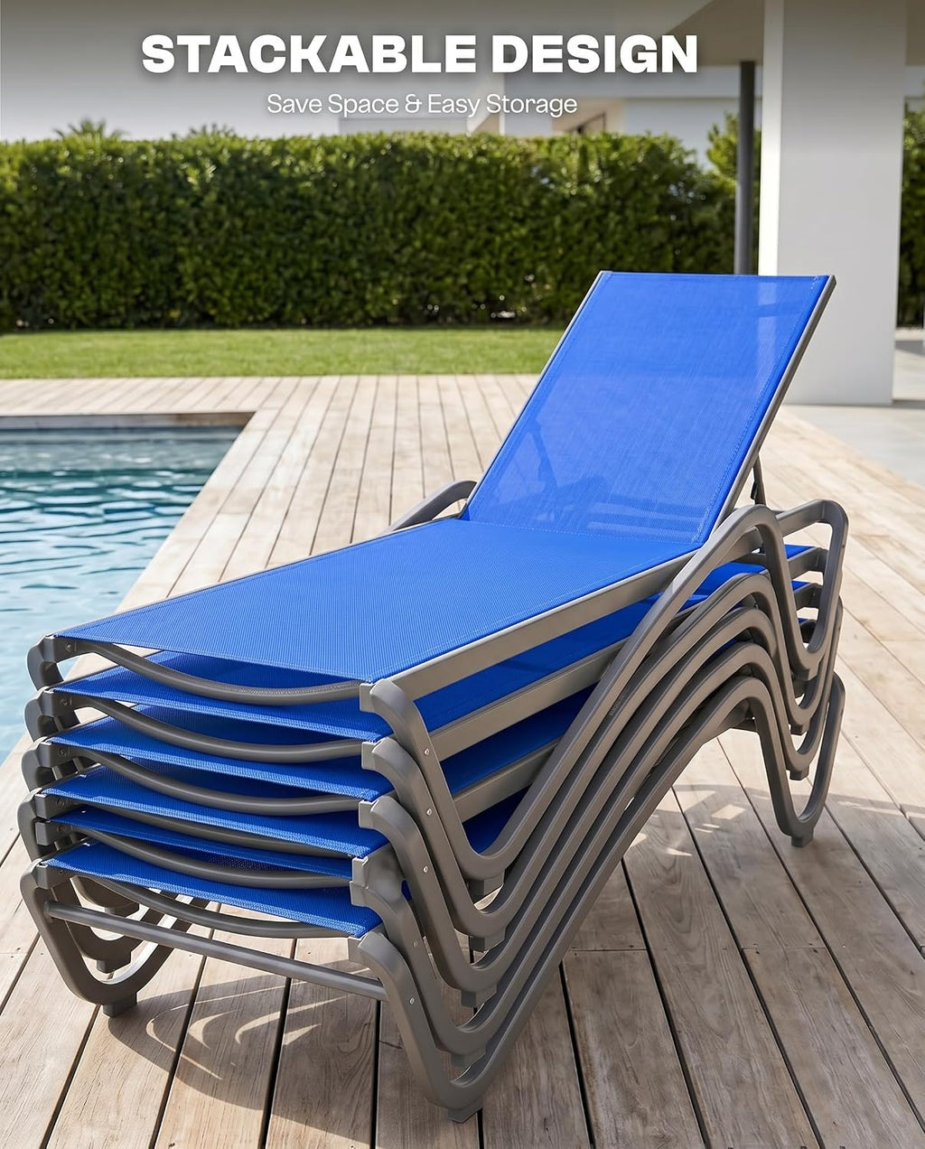 Aluminum Chaise Lounge Outdoor set of 2,Textilene Patio Lounge Chair with 6-Position Adjustable Backrest,Stackable & Easy Assembly,Lightweight for Pool,Deck,Balcony,Lawn,Light Gray,Royal Blue