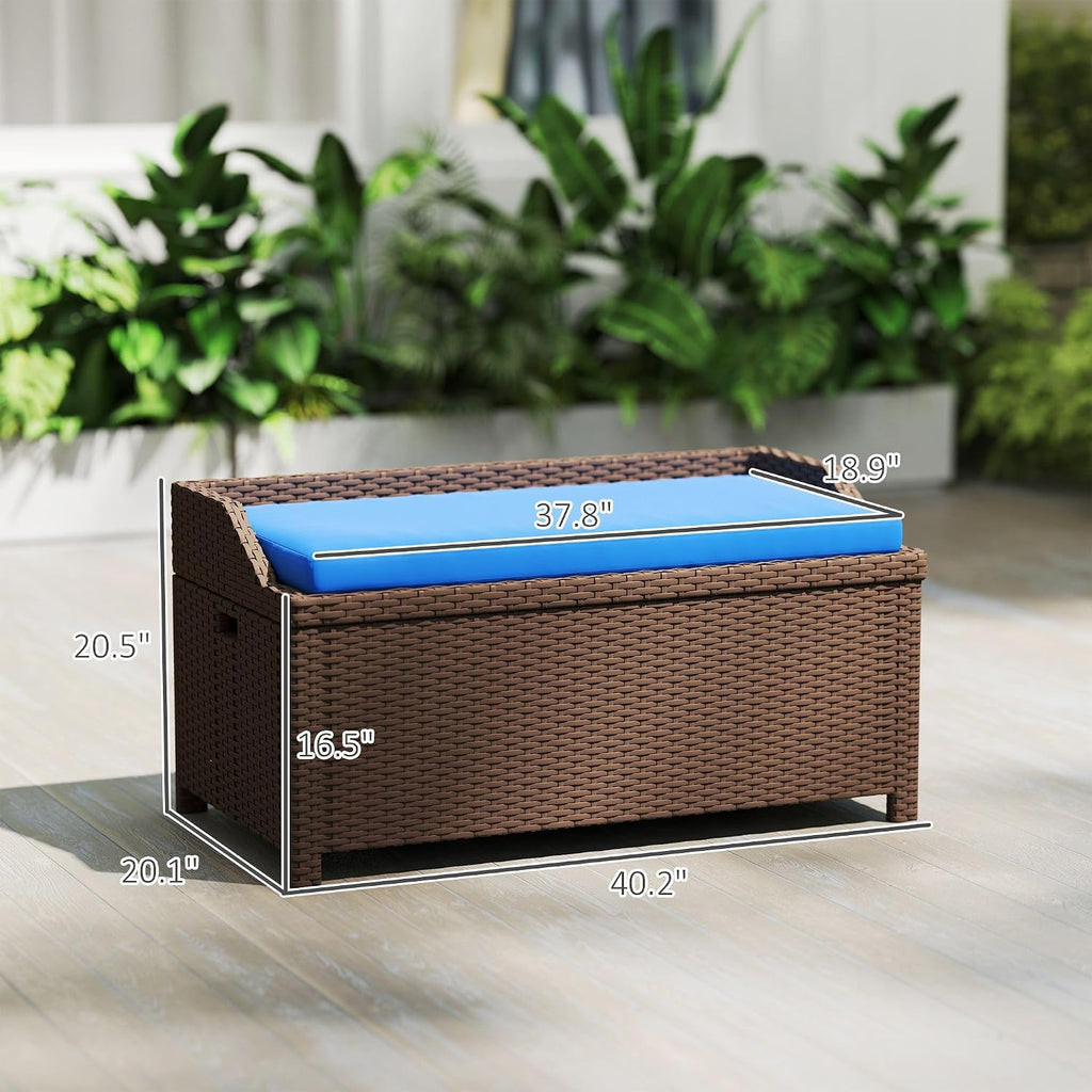 30×30×30inch Durable Premium Outdoor Wicker Storage Bench with Large Compartment Storage and Plush Blue Cushion, Easy to Maintain