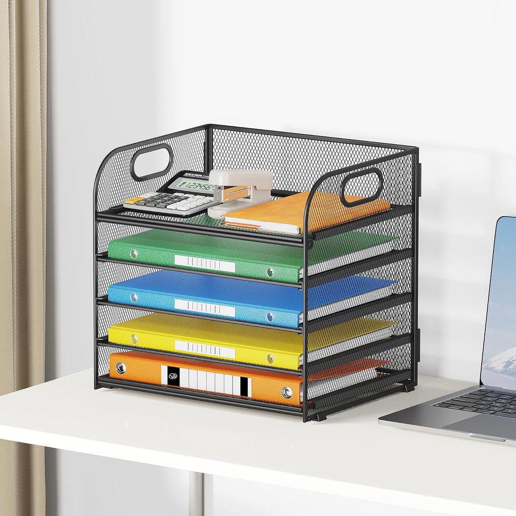 2 Pack 5-Tier Paper Organizer Letter Tray with Handle - Black Mesh Desk Paper Sorter File Organizer for Office, Home or School File Folder Holder