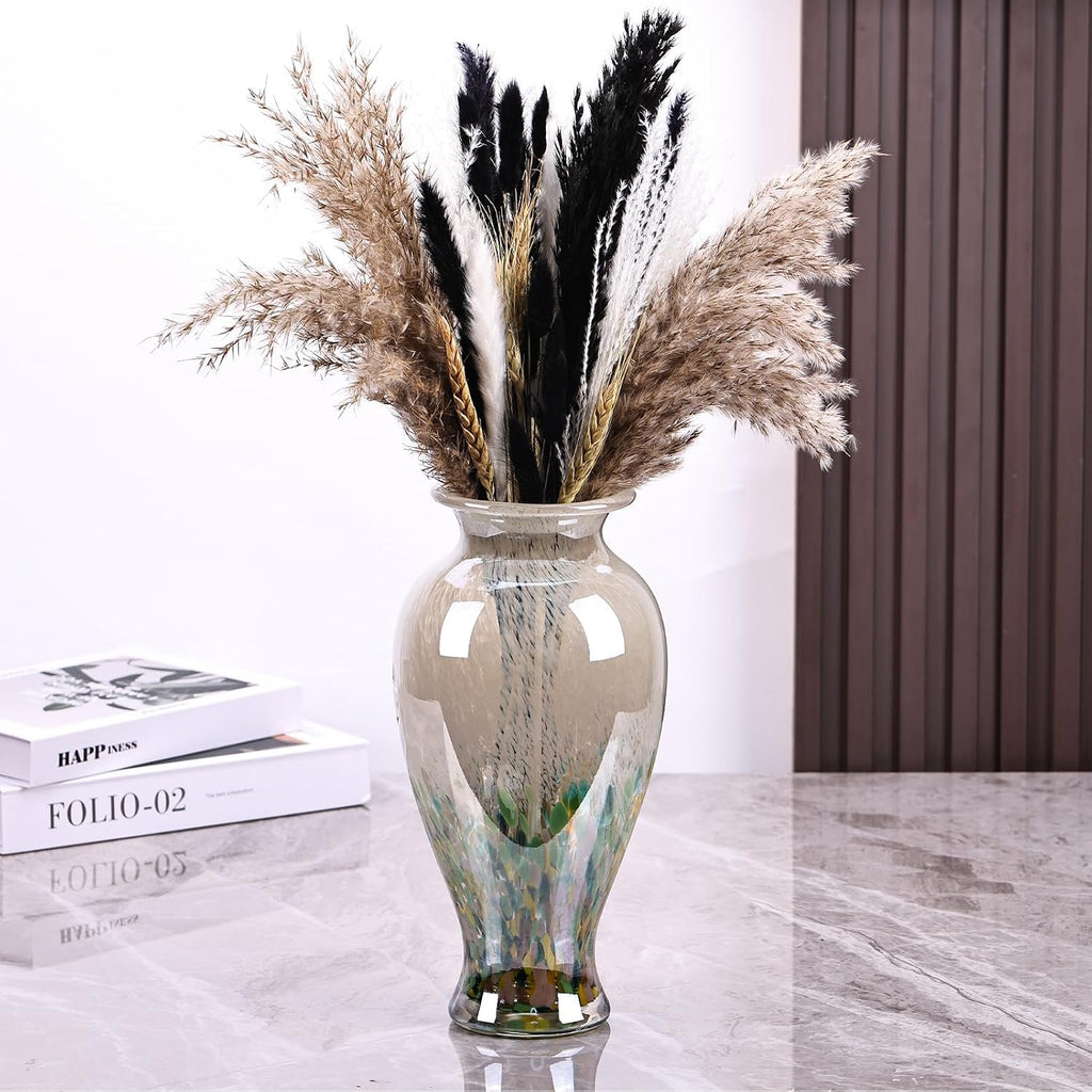 11.8" Tall Blown Green Glass Vase, Colorful Opaque Glass Vase, Unique Design Wide Mouth Art Decoration for Home, Living Room, Dining Table, Pampas Grass Decor (Green)