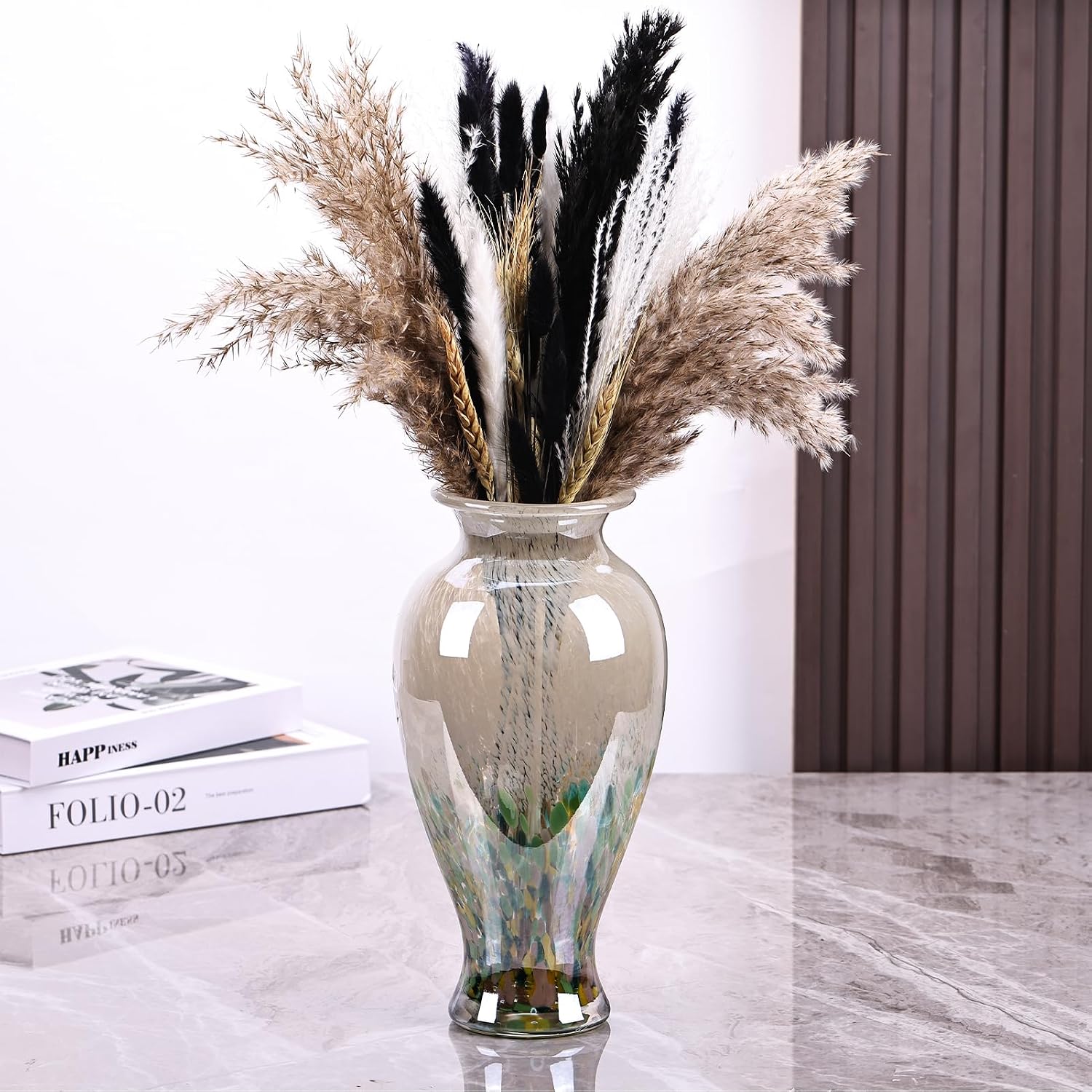 11.8" Tall Blown Green Glass Vase, Colorful Opaque Glass Vase, Unique Design Wide Mouth Art Decoration for Home, Living Room, Dining Table, Pampas Grass Decor (Green)