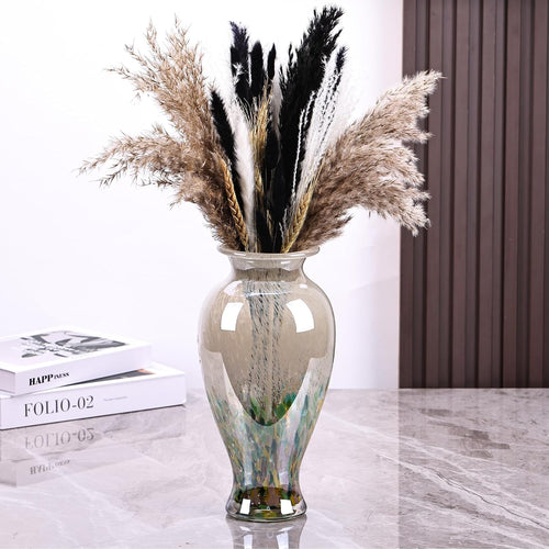 11.8" Tall Blown Green Glass Vase, Colorful Opaque Glass Vase, Unique Design Wide Mouth Art Decoration for Home, Living Room, Dining Table, Pampas Grass Decor (Green)
