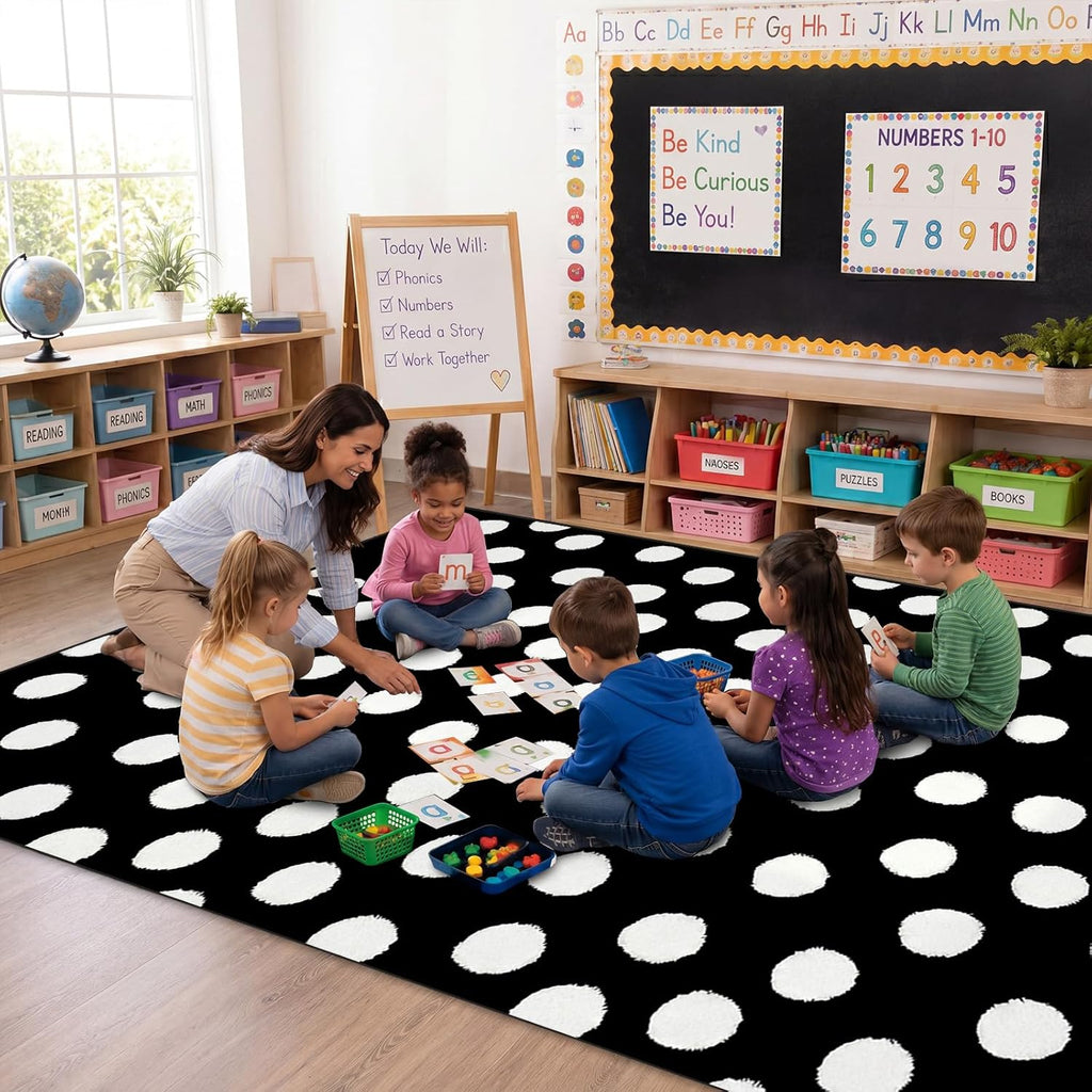 Nuanchu Large Polka Dot Classroom Rug 6.5 x 12.1 ft Black and White Classroom Carpet with Rubber Backing Non-Slip First Day of School Rugs for Playroom Nursery Preschool