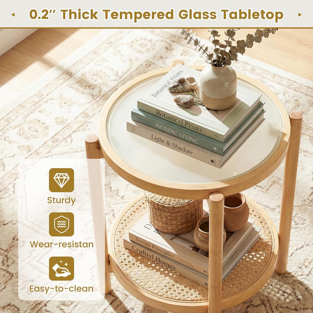Giantex Rattan Round Side Table, 2-Tier Boho End Table w/Tempered Glass Top, Storage Shelf & Acacia Wood Legs, Accent Coffee Tables, Bedside Night Stand for Bedroom Living Room Small Space (Natural,1)