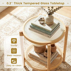 Giantex Rattan Round Side Table, 2-Tier Boho End Table w/Tempered Glass Top, Storage Shelf & Acacia Wood Legs, Accent Coffee Tables, Bedside Night Stand for Bedroom Living Room Small Space (Natural,1)