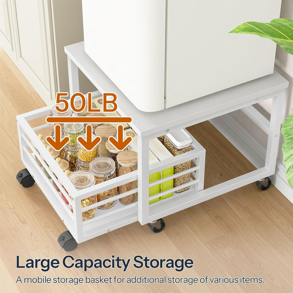 HOOBRO End Table, Mini Fridge Stand with Storage, Mini Fridge Table with Wheels and Adjustable Feet, Sturdy Metal Frame, for Living Room, Bedroom, Office, White WW155TL01