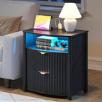 Dystler Fluted Night Stand with Gun Drawer & Card-Lock, 19.7" W Curved Nightstand with Charging Station and LED Lights, 2 Drawers Smart Bedside Table for Bedroom (1, Black)