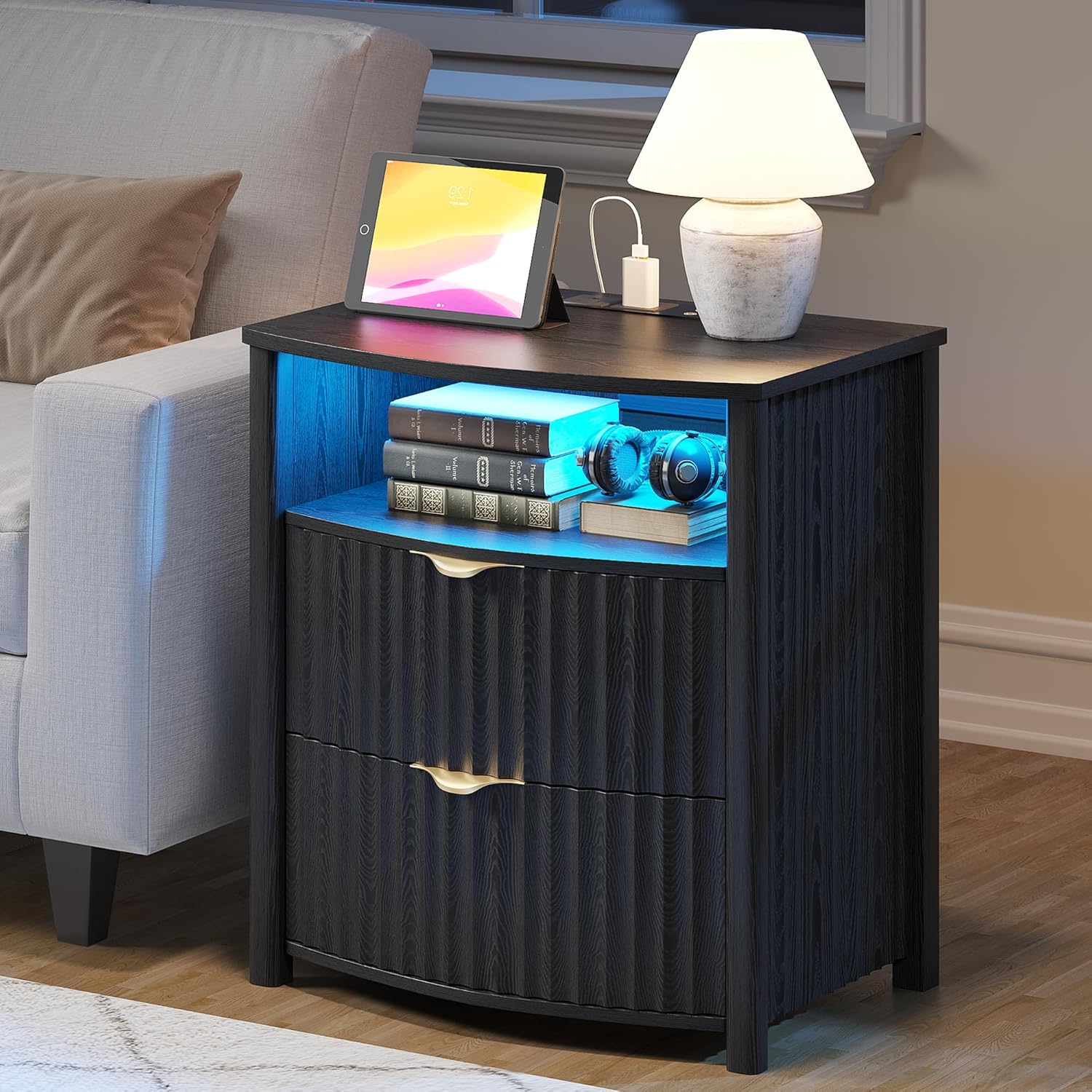 Dystler Fluted Night Stand with Gun Drawer & Card-Lock, 19.7" W Curved Nightstand with Charging Station and LED Lights, 2 Drawers Smart Bedside Table for Bedroom (1, Black)