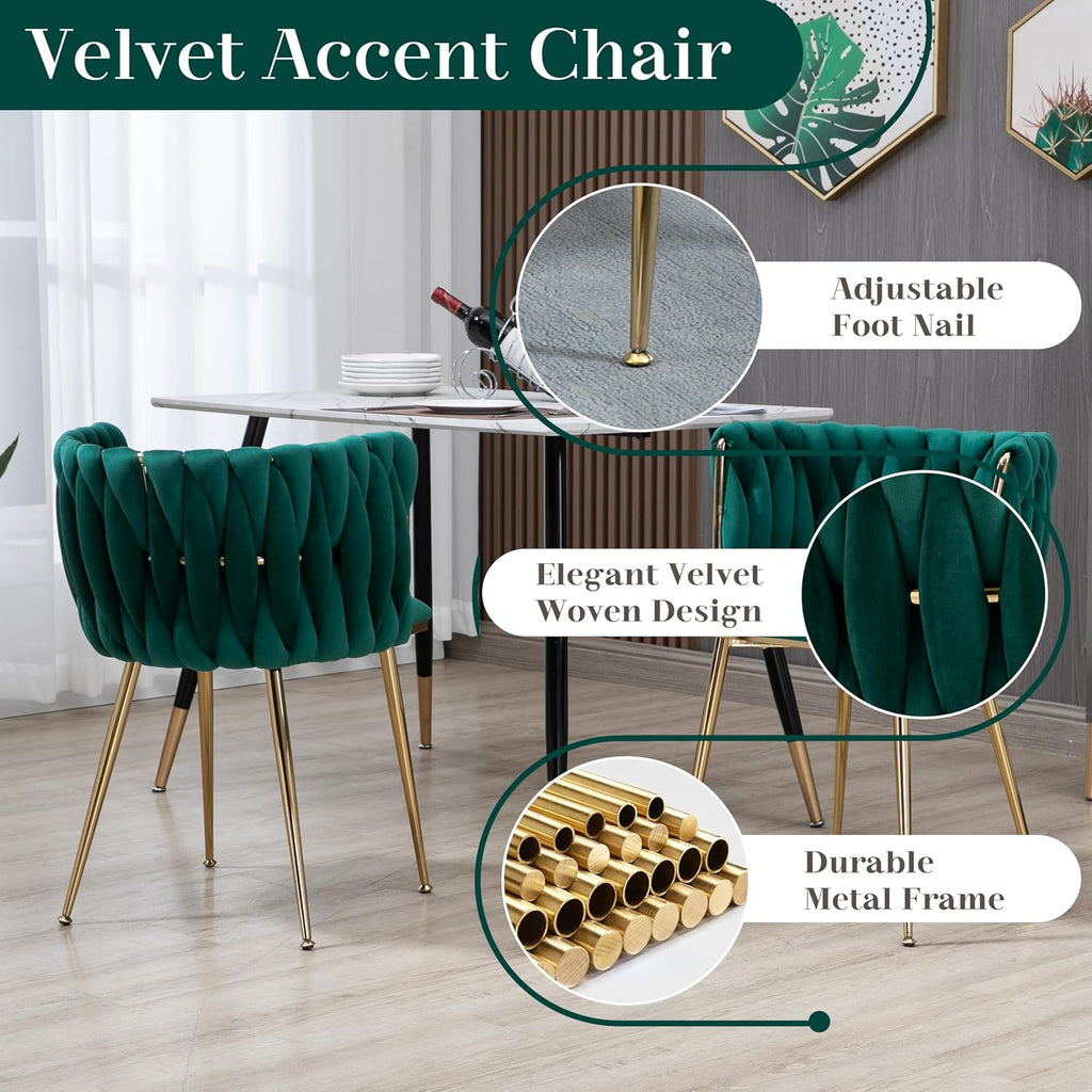 Gold Glass Round Dining Set for 2, 36'' Modern Minimalist Luxury Circle Dinner Room Set, 3 Piece Clear Glass Circular Kitchen Table with Green Woven Chair Set, for Small Apartment Home