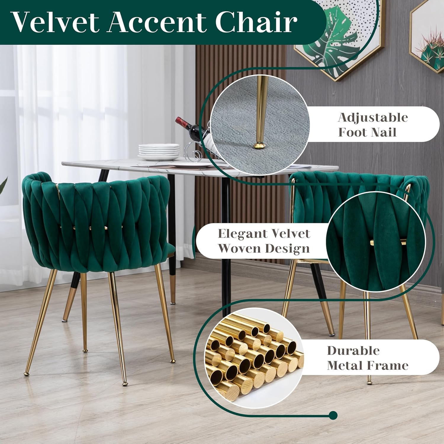 Gold Glass Round Dining Set for 2, 36'' Modern Minimalist Luxury Circle Dinner Room Set, 3 Piece Clear Glass Circular Kitchen Table with Green Woven Chair Set, for Small Apartment Home