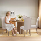 Upholstered Dining Chair Modern Stylish Parsons Kitchen Diner High Back with Silver Nailhead Trim & Wood Legs, Set of 4, Fabric Beige