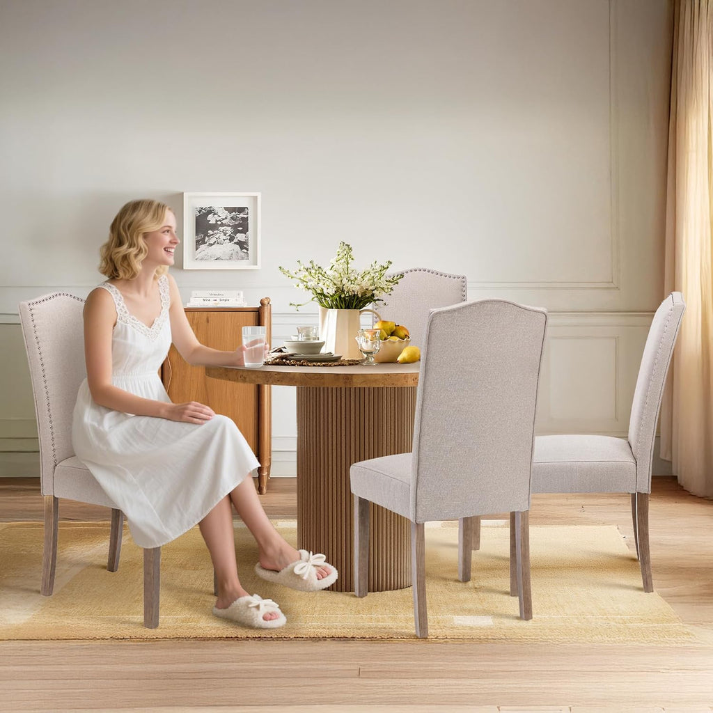 Upholstered Dining Chair Modern Stylish Parsons Kitchen Diner High Back with Silver Nailhead Trim & Wood Legs, Set of 4, Fabric Beige