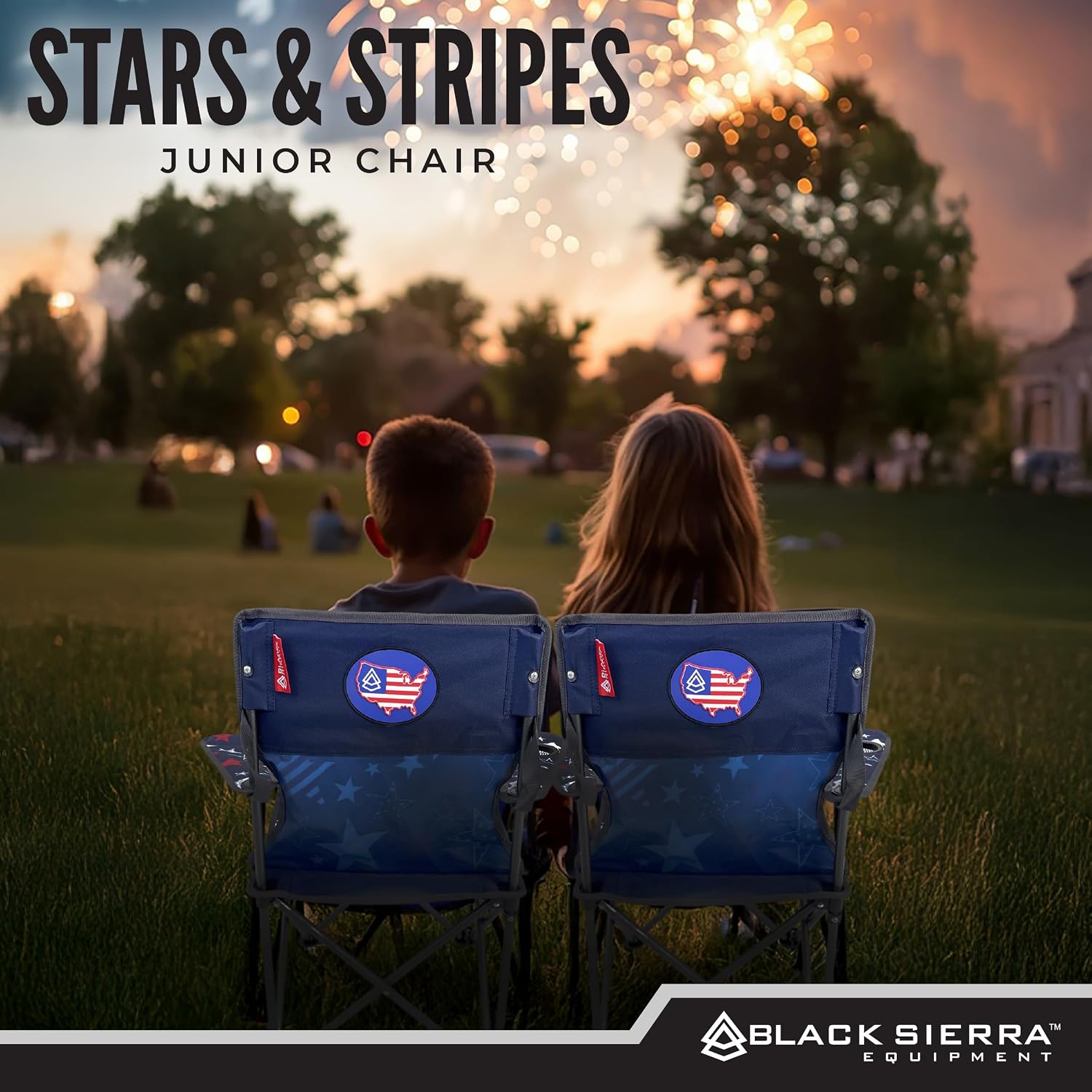Black Sierra Kids Patriotic Camping Chair, Folding USA Flag Seat for Children, Supports 150 lbs, Portable Outdoor Chair with Carry Bag and Cupholder for Ages 3–10 for Beach, Sports, Travel, Backyard