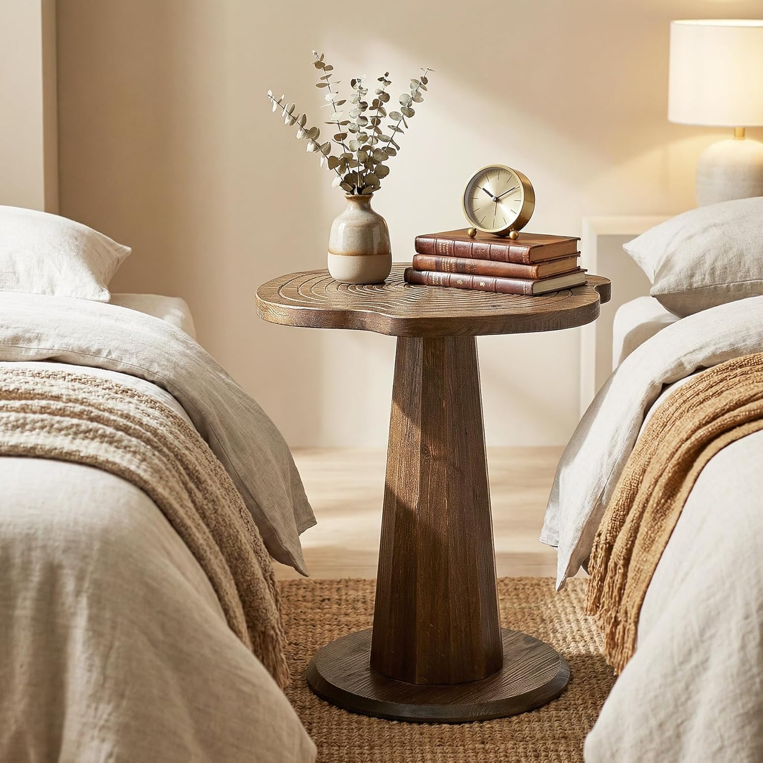 Solid Wood End Table, 20.87" Small Round Pedestal Side Table with Tree-Ring Patterns, Conical Base with Line Design for Living Room, Bedroom and Small Spaces