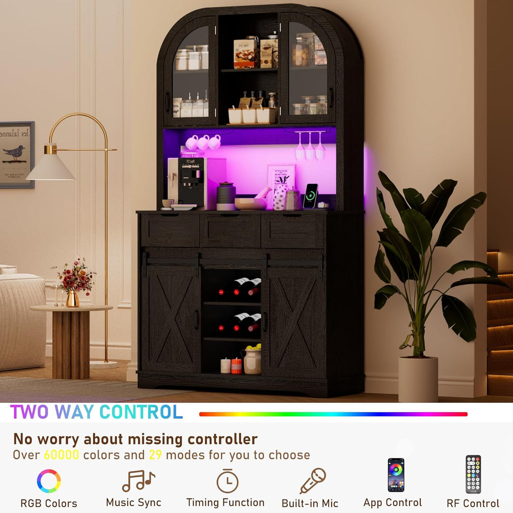 72" Tall Arched Pantry Cabinet w/Power Outlet,LED Lights, 42"W Modern Farmhouse Kitchen Hutch Coffee Bar Storage Cabinet w/Sliding Barn Door,3 Drawers,Glass Door, Versatile Cupboard,for Kitchen