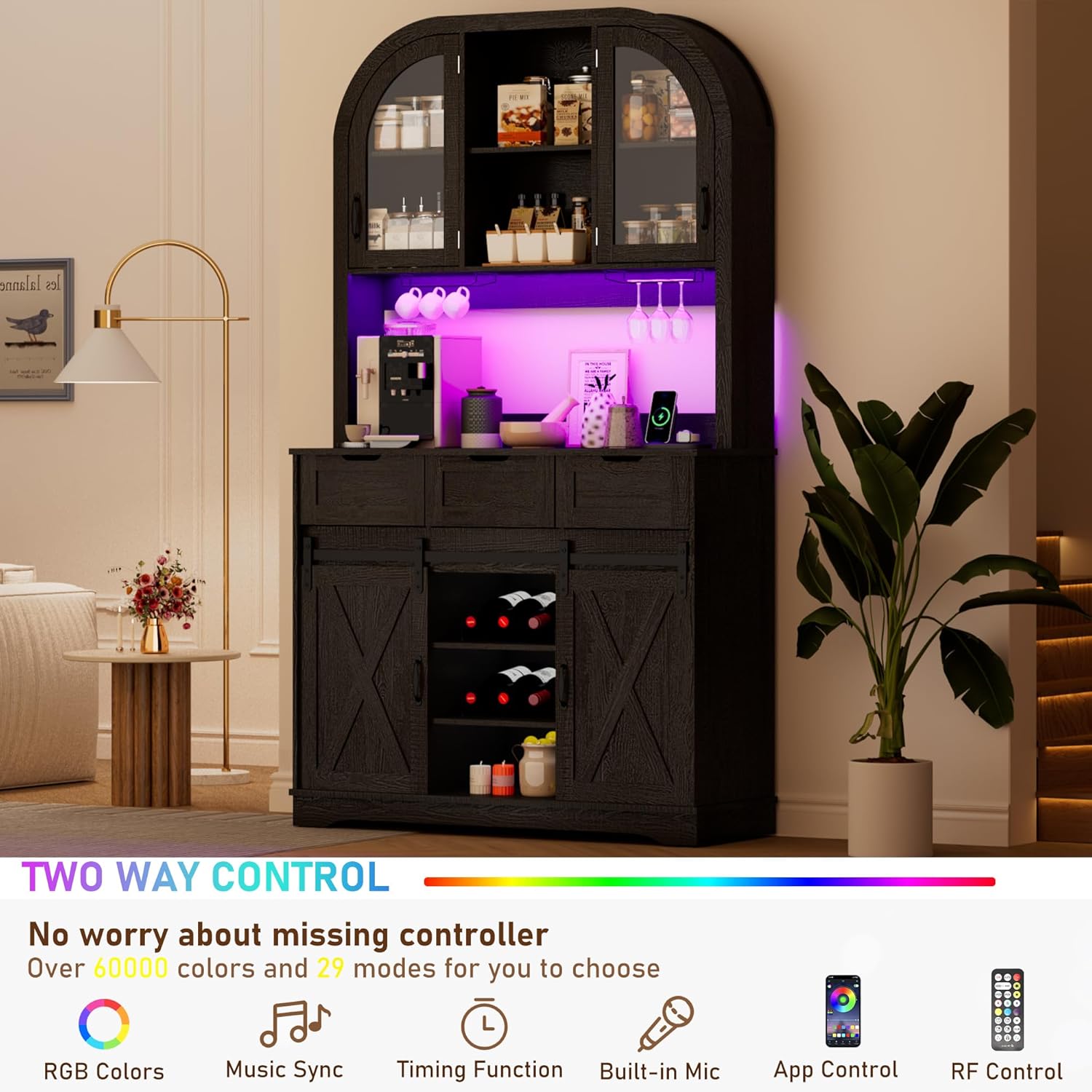 72" Tall Arched Pantry Cabinet w/Power Outlet,LED Lights, 42"W Modern Farmhouse Kitchen Hutch Coffee Bar Storage Cabinet w/Sliding Barn Door,3 Drawers,Glass Door, Versatile Cupboard,for Kitchen