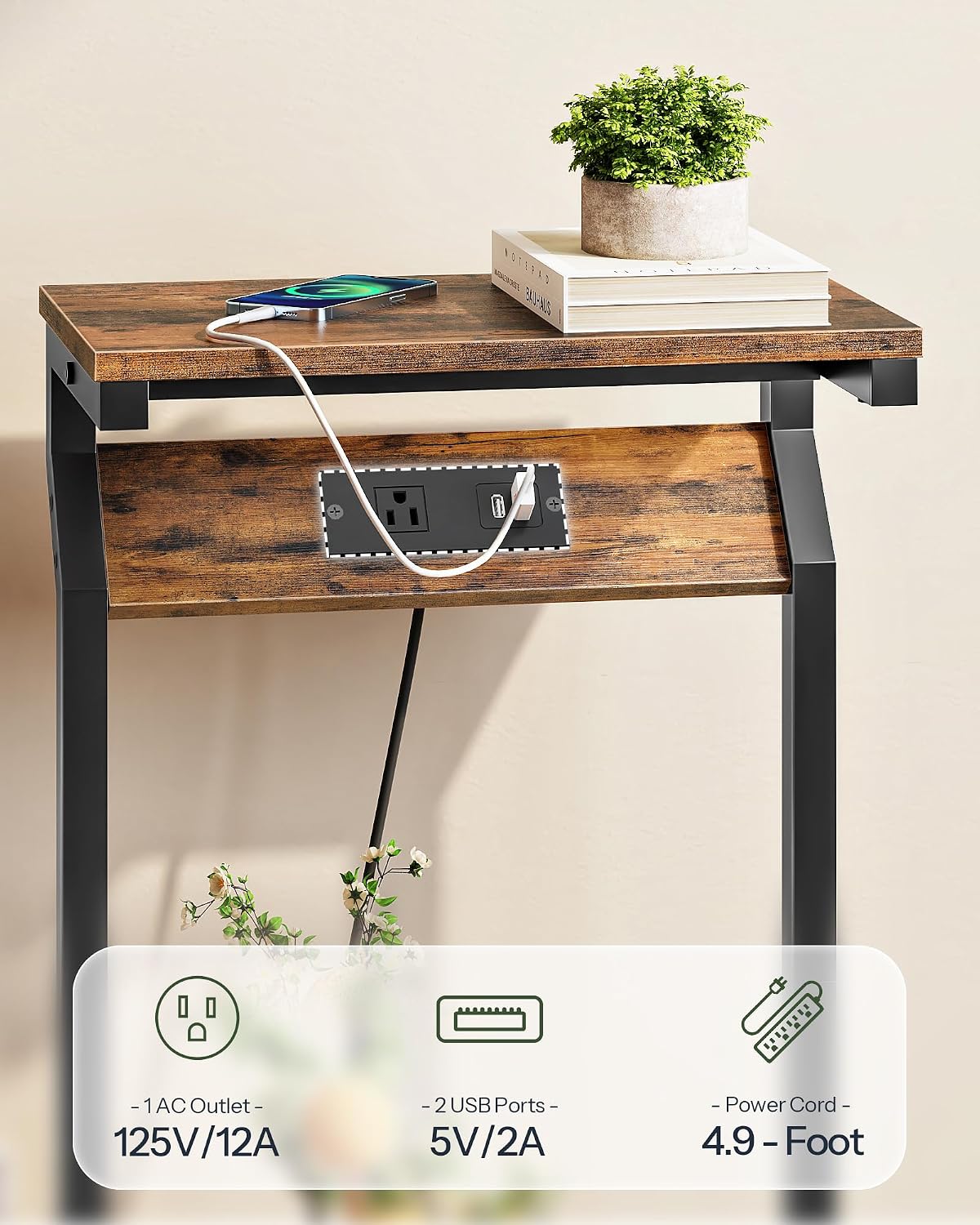 CHOEZON Small Side Table and Narrow Side Table with Charging Station Bundle, Couch Table for Small Spaces, Slim Bedside Table, for Nursery, Living Room, Bedroom, Rustic Brown TBZ13BF-TBZ27UBF