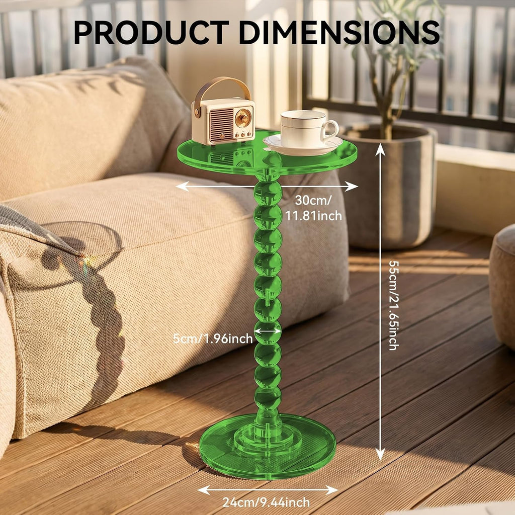 Acrylic Round Side Table, 11.8" D x 21.7" H Clear Pedestal End Table with Column Base, Space-Saving Nightstand Accent Tables for Living Room, Bedroom, Balcony, Easy Assembly, Green