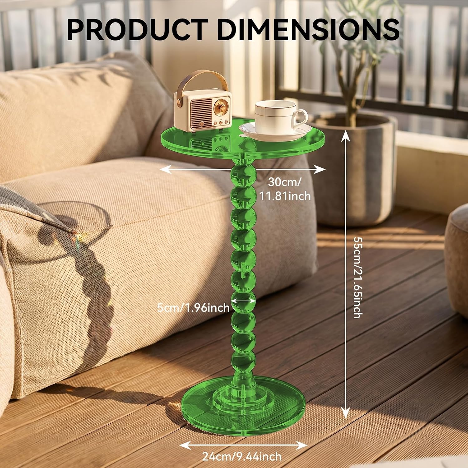 Acrylic Round Side Table, 11.8" D x 21.7" H Clear Pedestal End Table with Column Base, Space-Saving Nightstand Accent Tables for Living Room, Bedroom, Balcony, Easy Assembly, Green
