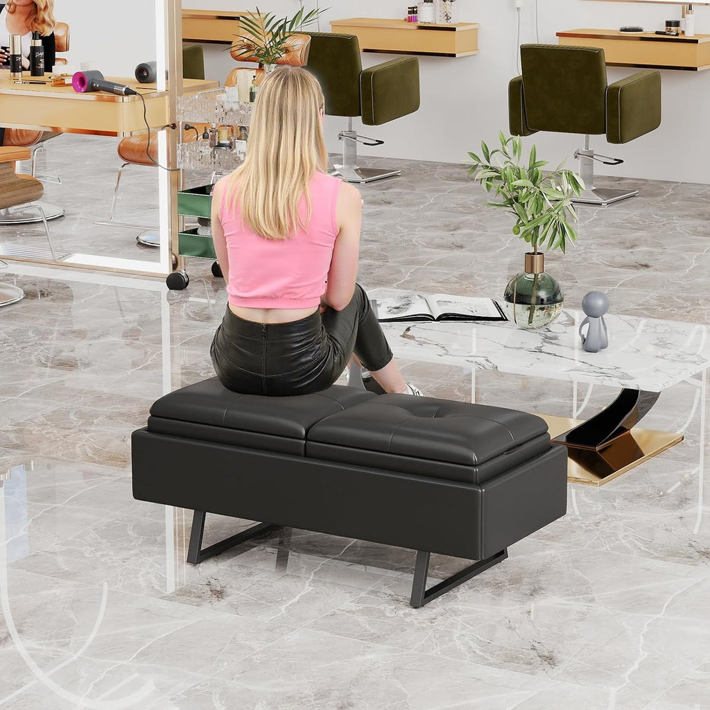 MOTION Leather Bench Waiting Room Chairs - 2 Seat Office Guest Reception Bench with Cushion, Upholered Waiting Room Bench Seating, Office Furniture Lobby Chairs for Salon, Shop, Black