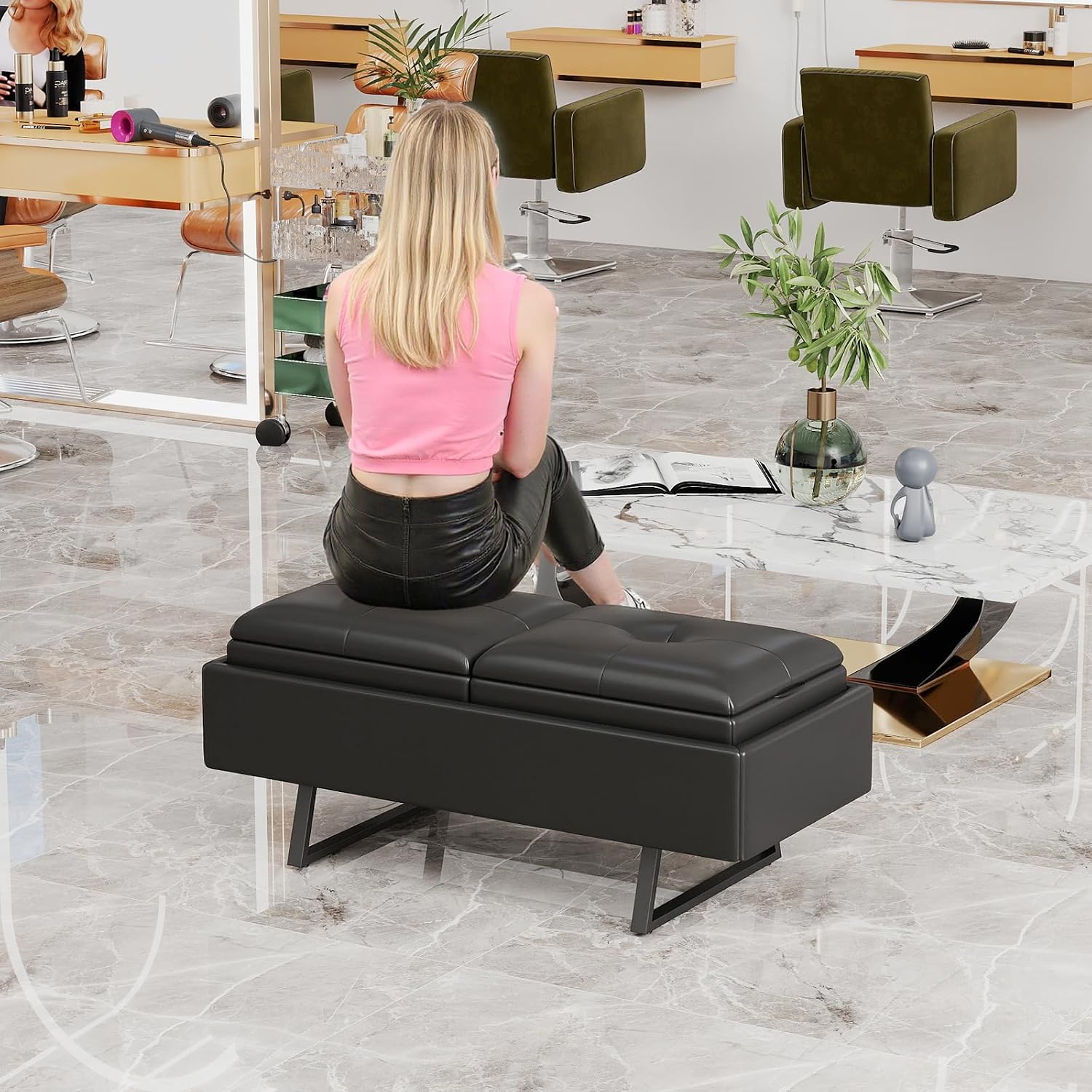 MOTION Leather Bench Waiting Room Chairs - 2 Seat Office Guest Reception Bench with Cushion, Upholered Waiting Room Bench Seating, Office Furniture Lobby Chairs for Salon, Shop, Black