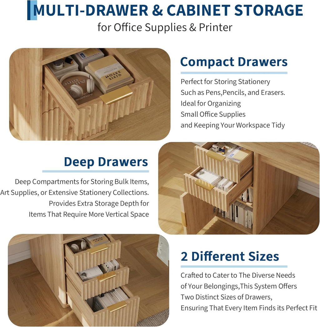 IDEALHOUSE Rectangular Computer Desk with Hutch & Printer Stand, Ripple Door Storage Home Office Desk, Space-Saving Study Writing Desk for Bedroom, Sturdy Board Student Desk with Easy Assembly