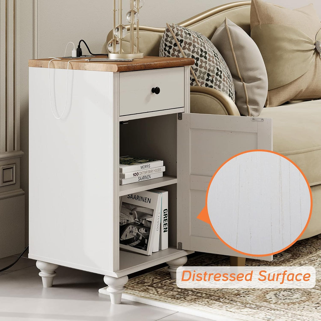 WAMPAT White End Table with Charging Station, Nightstand with Power Outlets & USB Ports, Modern Side Table with Drawer and Storage Cabinet for Bedroom (2PCS)