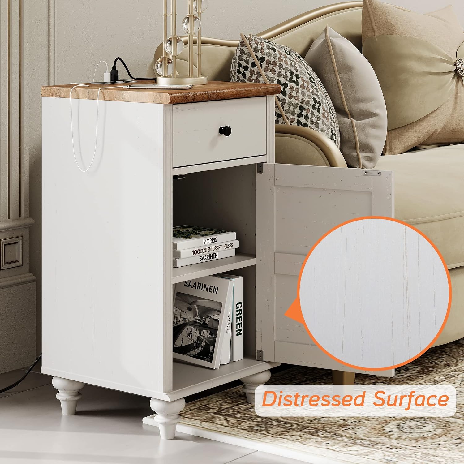 WAMPAT White End Table with Charging Station, Nightstand with Power Outlets & USB Ports, Modern Side Table with Drawer and Storage Cabinet for Bedroom (2PCS)