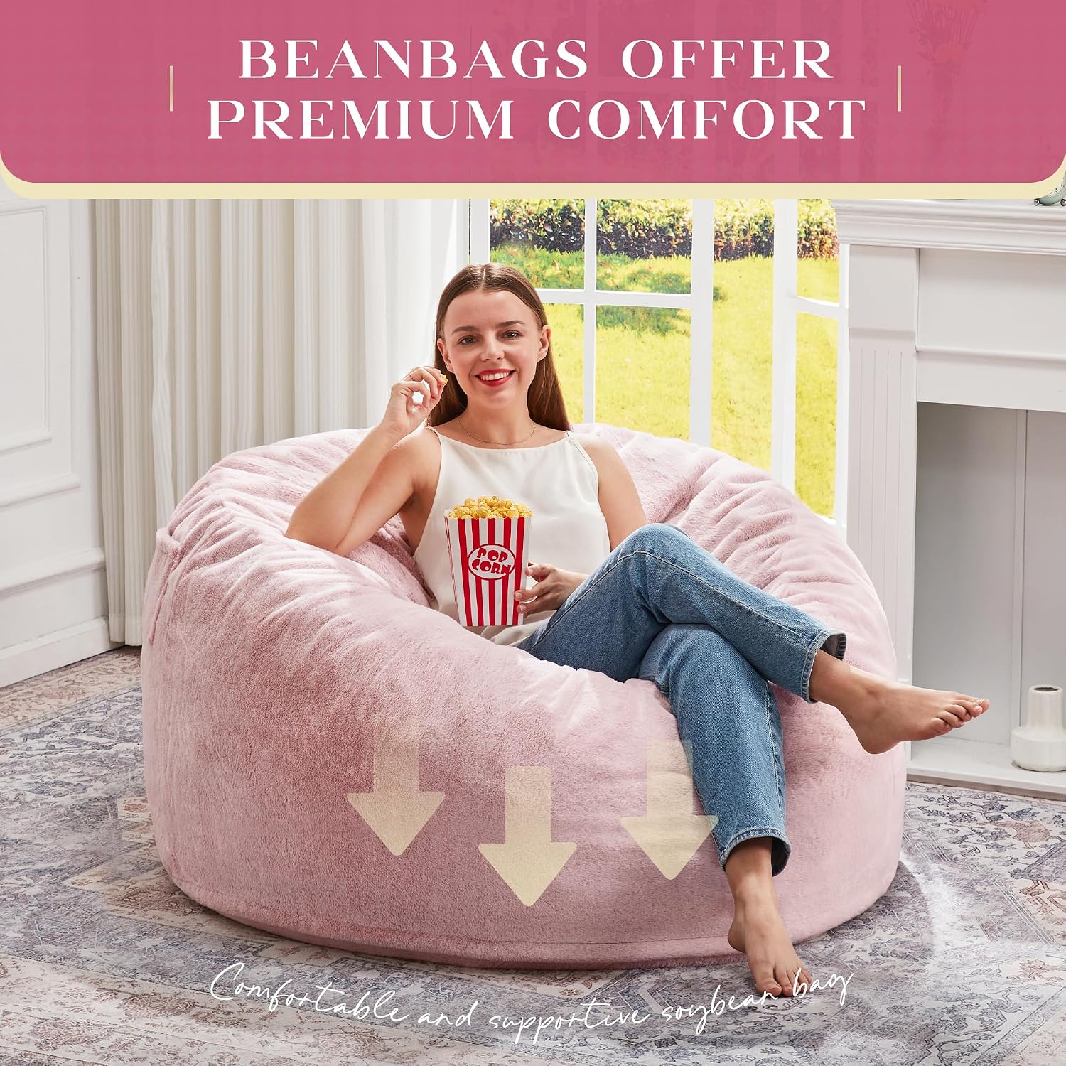 Hobestluk Bean Bag Chair for Adult Giant Beanbag with Filler Pink 3FT | Breathable Material Removable Machine Washable Cover Memory Foam Living Room Bedroom Reading Gaming Oversized Large Big