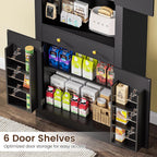 DINGIPP 73" Pantry Cabinet with Charging Station & LED Light, Tall Kitchen Pantry Cabinet with Microwave Stand and 1 Large Drawer, Kitchen Storage Cabinet with 4 Doors for Kitchen, Dining Room, Black