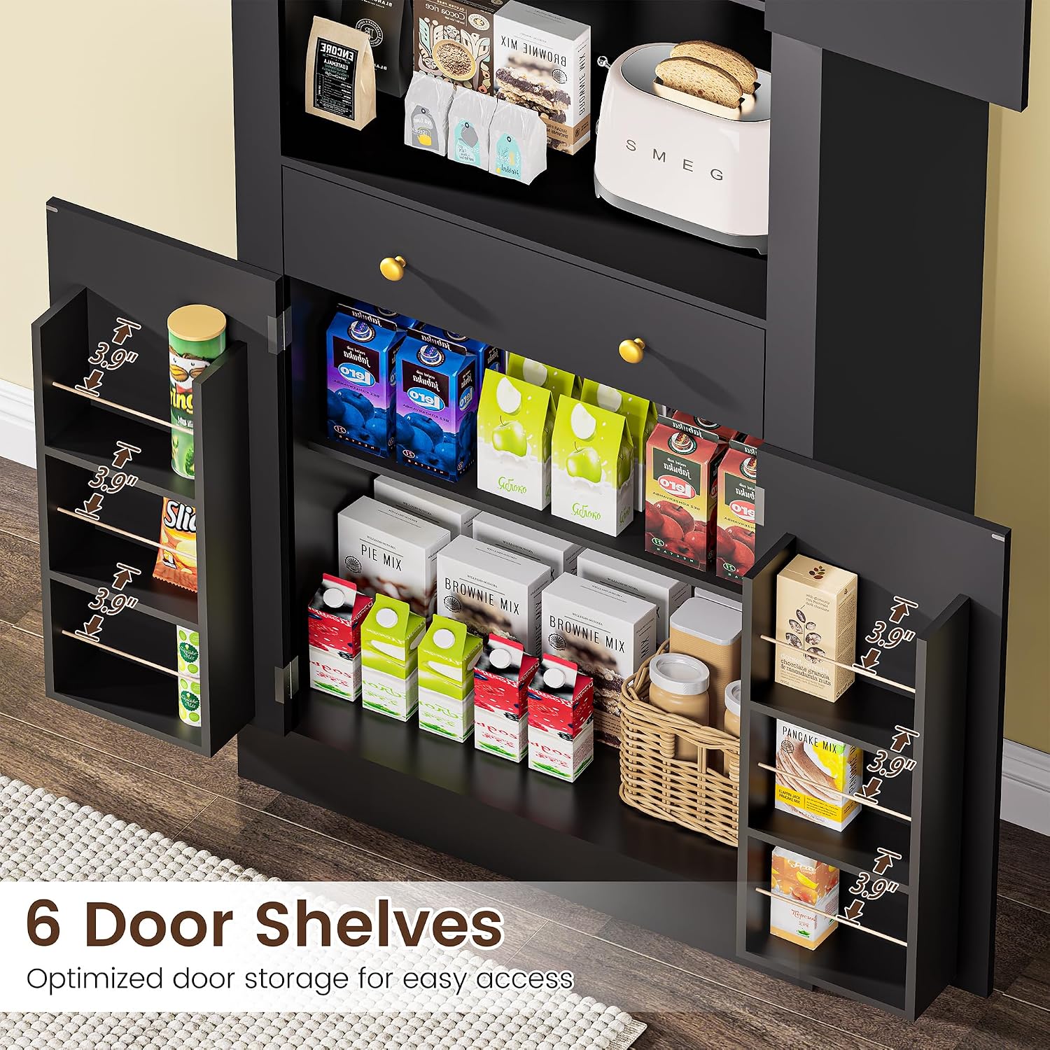 DINGIPP 73" Pantry Cabinet with Charging Station & LED Light, Tall Kitchen Pantry Cabinet with Microwave Stand and 1 Large Drawer, Kitchen Storage Cabinet with 4 Doors for Kitchen, Dining Room, Black