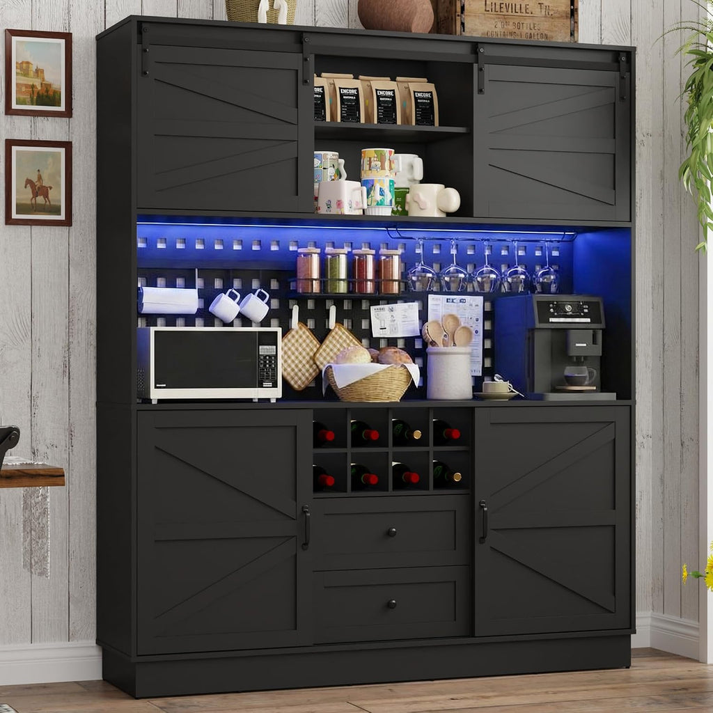 75”Tall 63"W Extra Large LED Farmhouse Kitchen Storage Pantry Hutch Cabinet w/Power Outlet,Pegboard,Coffee Bar Cabinets,Microwave Shelf,Wine Rack,4 Barn Doors,2 Drawers, Dining Room,Black