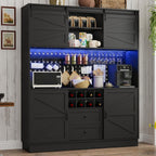 75”Tall 63"W Extra Large LED Farmhouse Kitchen Storage Pantry Hutch Cabinet w/Power Outlet,Pegboard,Coffee Bar Cabinets,Microwave Shelf,Wine Rack,4 Barn Doors,2 Drawers, Dining Room,Black