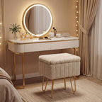 DUMOS Vanity Stool Chair with Storage, Small Ottoman Faux Fur Soft Padded Footstools Seat with 4 Metal Legs Anti-Slip Adjustable Feet Modern Footrest for Home Entryway Bedroom Makeup Camel