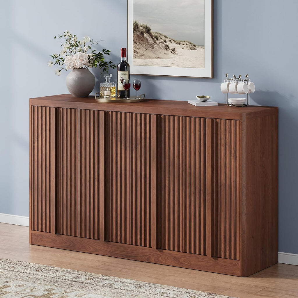 Fluted Buffet Cabinet with Storage, 60" Sideboard Buffet Storage Cabinet with 4 Doors & Adjustable Shelves, Wood Coffee Bar Credenza Storage Cabinet for Kitchen, Living Room, Walnut(1PCS)