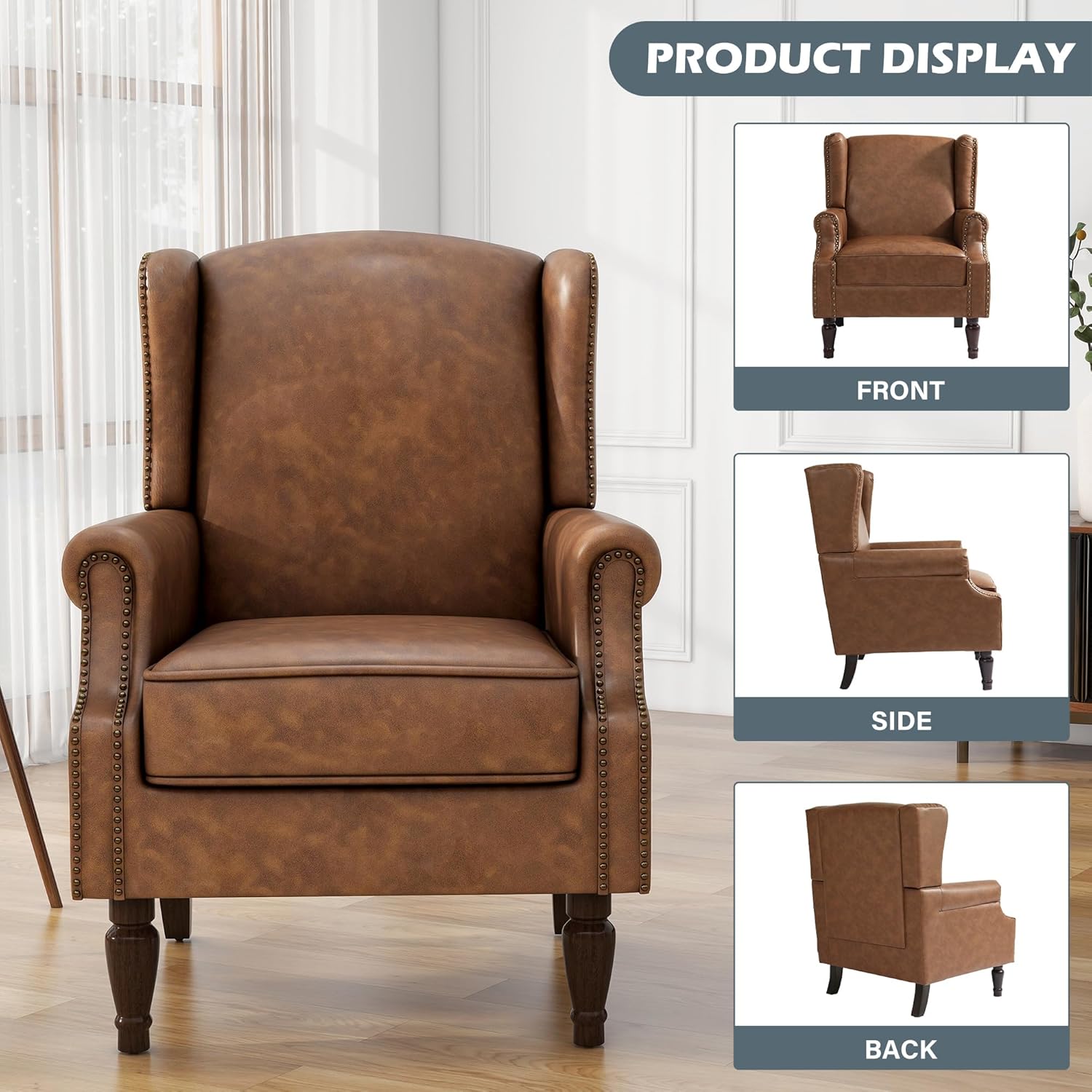 High Back Accent Chair, Faux Leather Wingback Chair Upholstered Armchair for Living Room, Retro Comfy Single Sofa Bedroom Reading Seat with Solid Wood Legs - Brown