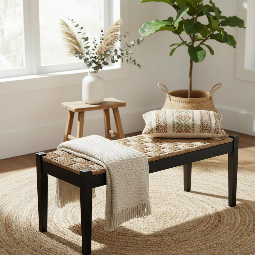 Vintage Entryway Bench, 47 inch Acacia Wood Bench with Woven Seagrass Seat, Entryway Bench, Wicker Bench Indoor for Hallway, End of Bed, Rustic Farmhouse Boho Style, Indoor Decorative Bench (Black)