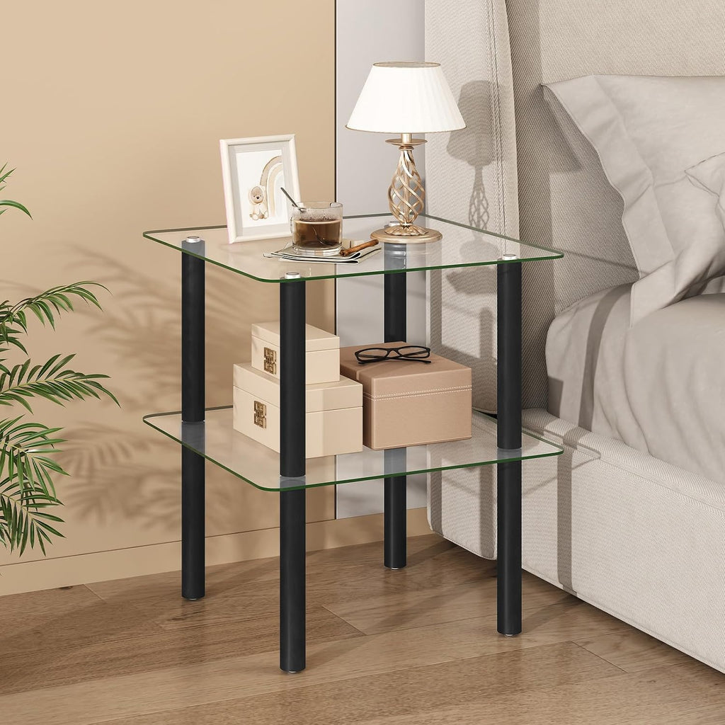 Giantex Square End Table, 2-Tier Sofa Side Table with Clear Tempered Glass Top & Shelf, Small Accent Table with Solid Rubber Wood Legs for Living Room Bedroom Home Office (Black & Clear)