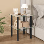 Giantex Square End Table, 2-Tier Sofa Side Table with Clear Tempered Glass Top & Shelf, Small Accent Table with Solid Rubber Wood Legs for Living Room Bedroom Home Office (Black & Clear)