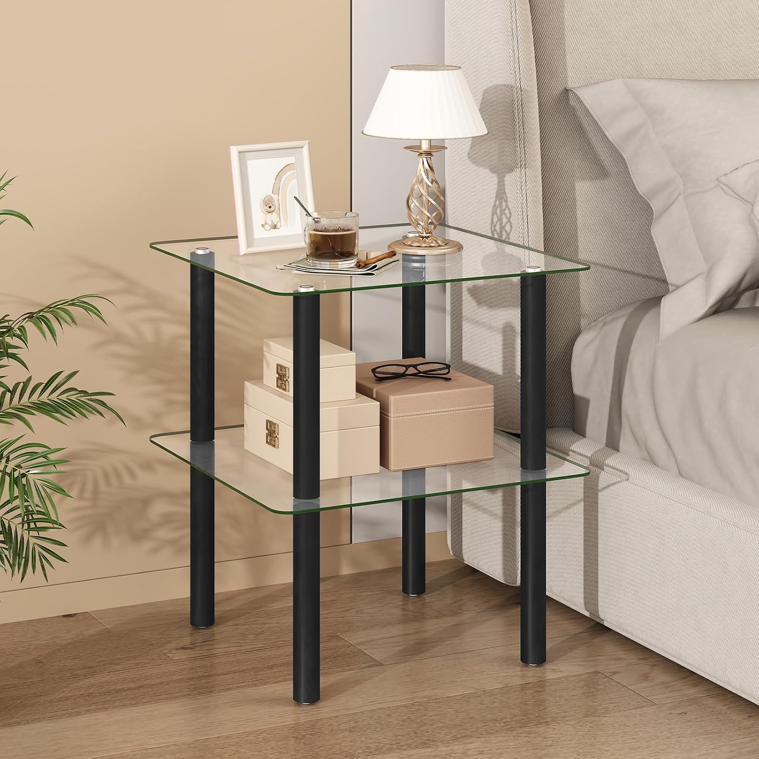 Giantex Square End Table, 2-Tier Sofa Side Table with Clear Tempered Glass Top & Shelf, Small Accent Table with Solid Rubber Wood Legs for Living Room Bedroom Home Office (Black & Clear)